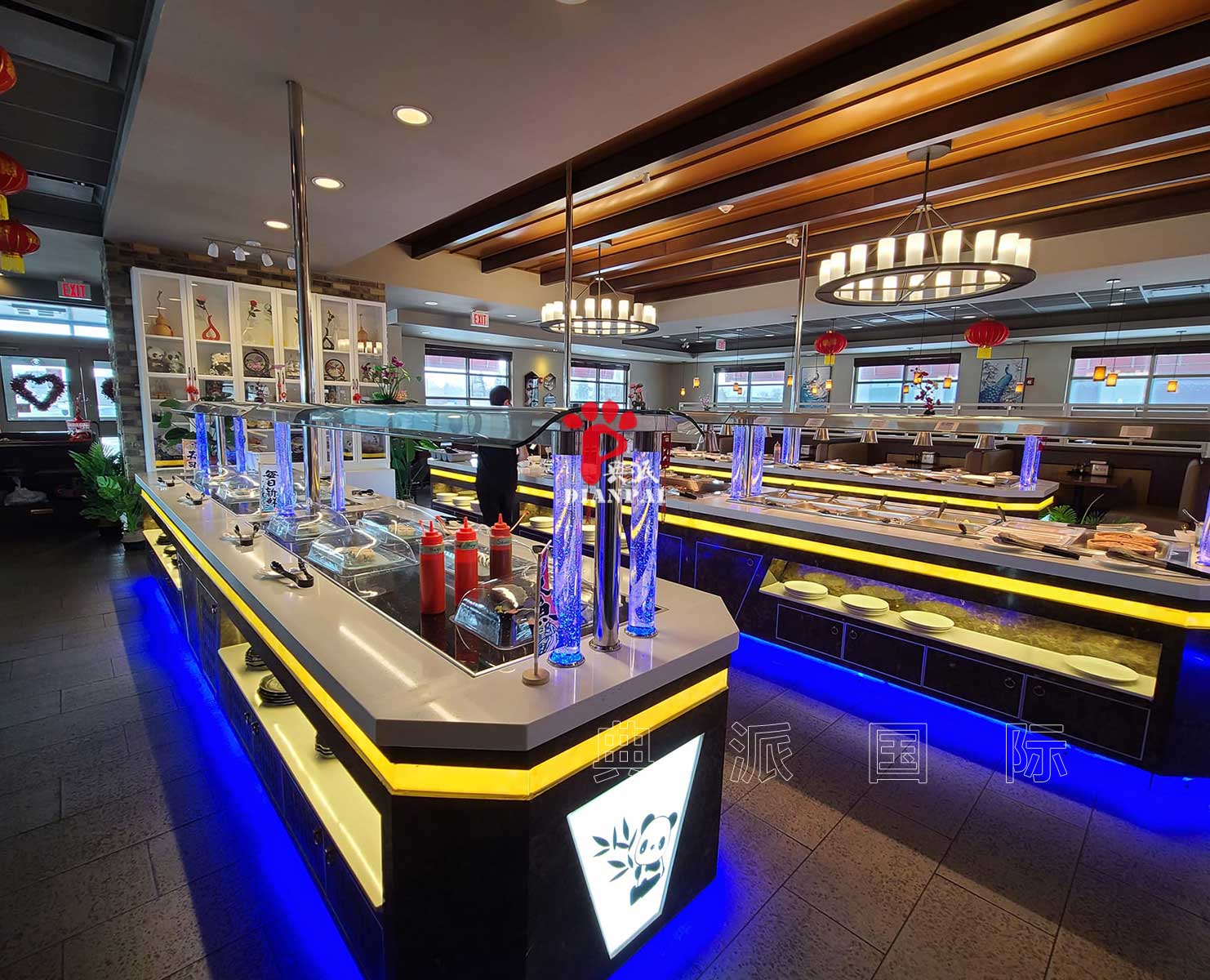 黄色灯带氛围感布菲台自助餐台美国餐厅项目